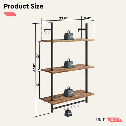 3 Tier Industrial Pipe Shelving, Floating Book Shelves for Wall, Storage Hanging Shelves with Towel Bar for Bathroom Organizer Bedroom Kitchen Plants Office. 31.5 Inch Rustic Brown