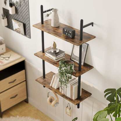3 Tier Industrial Pipe Shelving, Floating Book Shelves for Wall, Storage Hanging Shelves with Towel Bar for Bathroom Organizer Bedroom Kitchen Plants Office. 31.5 Inch Rustic Brown