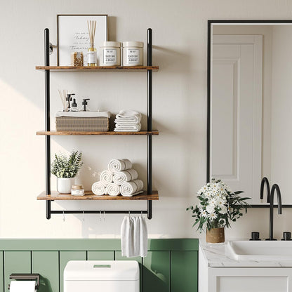 3 Tier Industrial Pipe Shelving, Floating Book Shelves for Wall, Storage Hanging Shelves with Towel Bar for Bathroom Organizer Bedroom Kitchen Plants Office. 31.5 Inch Rustic Brown