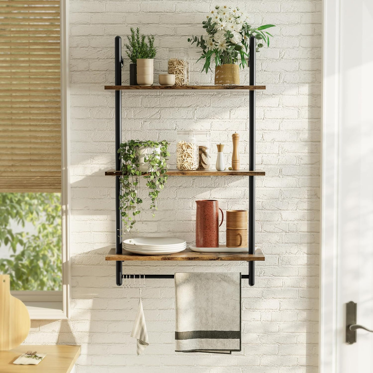 3 Tier Industrial Pipe Shelving, Floating Book Shelves for Wall, Storage Hanging Shelves with Towel Bar for Bathroom Organizer Bedroom Kitchen Plants Office. 31.5 Inch Rustic Brown