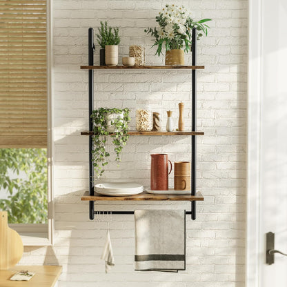 3 Tier Industrial Pipe Shelving, Floating Book Shelves for Wall, Storage Hanging Shelves with Towel Bar for Bathroom Organizer Bedroom Kitchen Plants Office. 31.5 Inch Rustic Brown