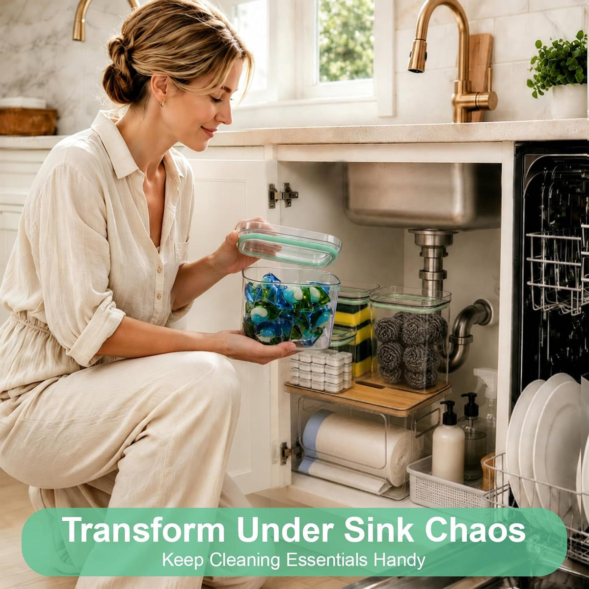 5-in-1 Trash Bag Dispenser, Laundry & Dishwasher Pods Storage Container | Space-Saving Under Sink Garbage Bag Dispenser for 13/30/33 Gallon Bags & Laundry Room Storage. Home Organization Must Haves!