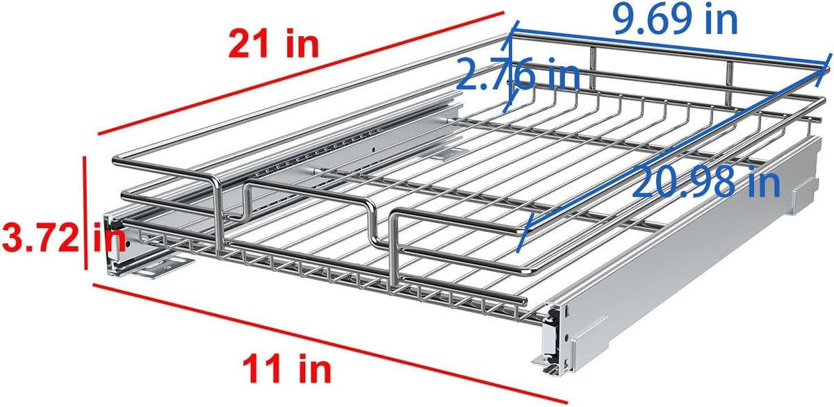 Pull Out Cabinet Organizer, Heavy-Duty Metal Sliding Drawer Shelf for Kitchen Cabinets, Chrome, Doesn't Include Door Fittings (14 * 21 IN)