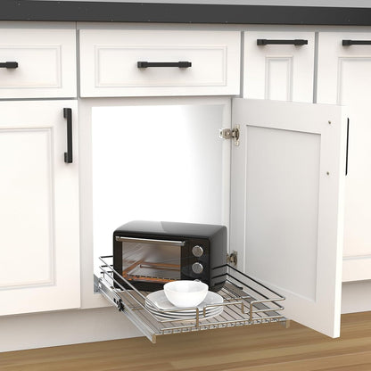 Pull Out Cabinet Organizer, Heavy-Duty Metal Sliding Drawer Shelf for Kitchen Cabinets, Chrome, Doesn't Include Door Fittings (14 * 21 IN)