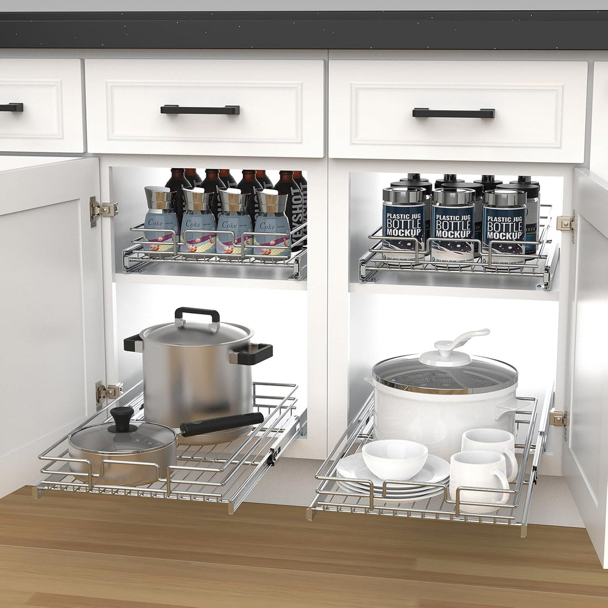 Pull Out Cabinet Organizer, Heavy-Duty Metal Sliding Drawer Shelf for Kitchen Cabinets, Chrome, Doesn't Include Door Fittings (14 * 21 IN)