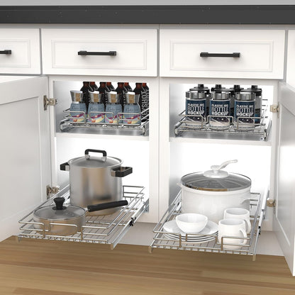 Pull Out Cabinet Organizer, Heavy-Duty Metal Sliding Drawer Shelf for Kitchen Cabinets, Chrome, Doesn't Include Door Fittings (14 * 21 IN)