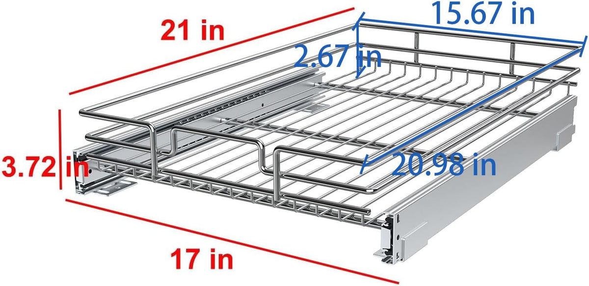 Pull Out Cabinet Organizer, Heavy-Duty Metal Sliding Drawer Shelf for Kitchen Cabinets, Chrome, Doesn't Include Door Fittings (14 * 21 IN)