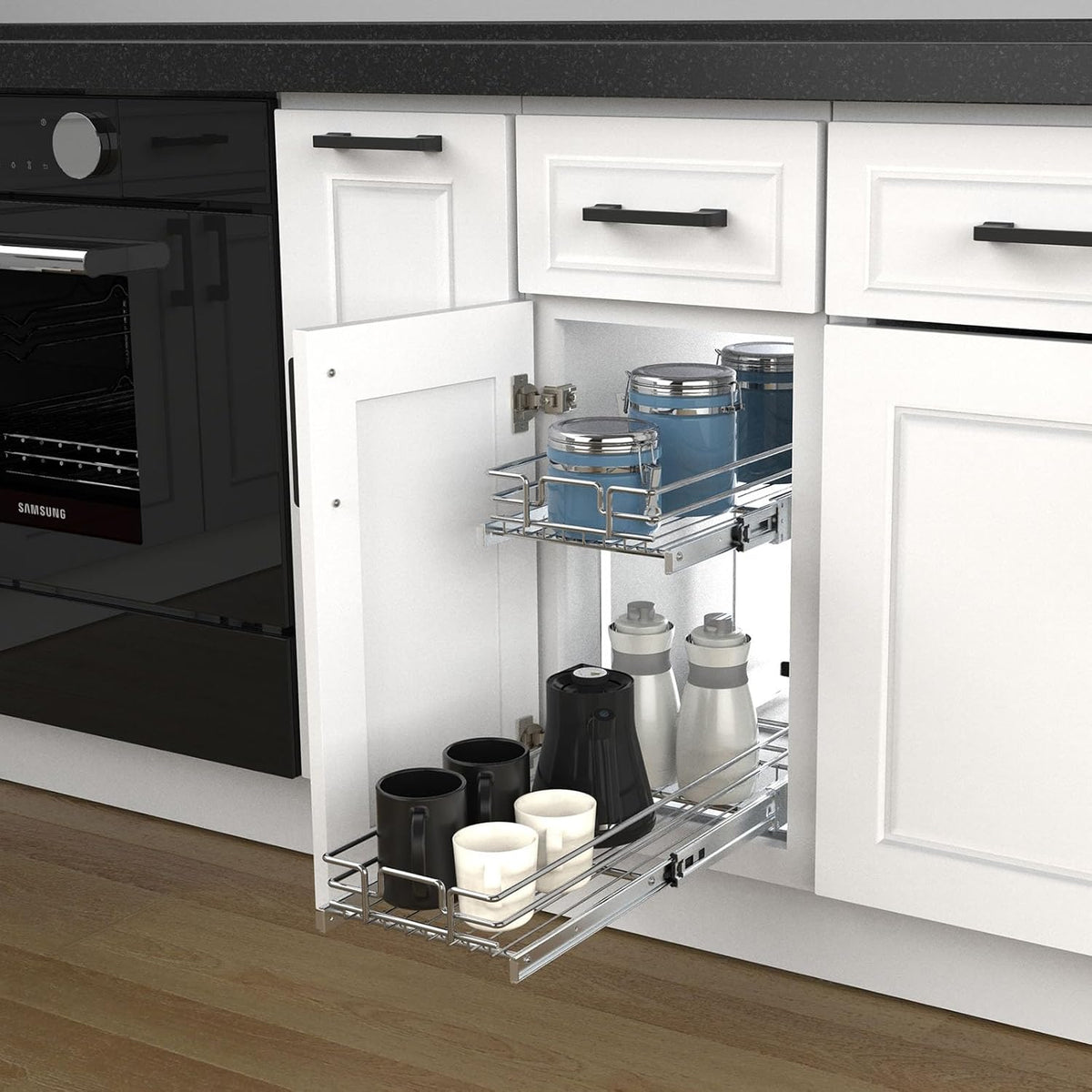 Pull Out Cabinet Organizer, Heavy-Duty Metal Sliding Drawer Shelf for Kitchen Cabinets, Chrome, Doesn't Include Door Fittings (14 * 21 IN)