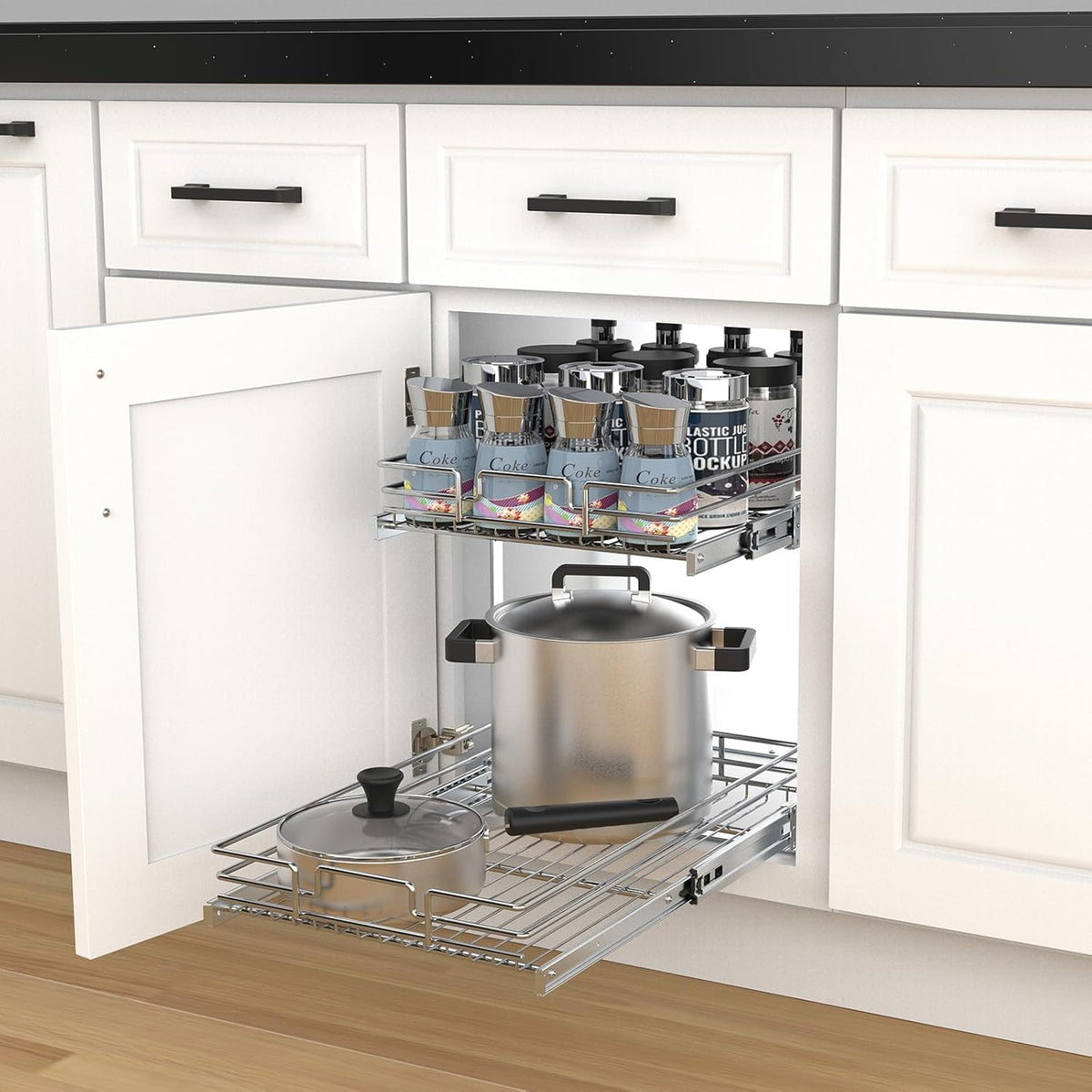 Pull Out Cabinet Organizer, Heavy-Duty Metal Sliding Drawer Shelf for Kitchen Cabinets, Chrome, Doesn't Include Door Fittings (14 * 21 IN)