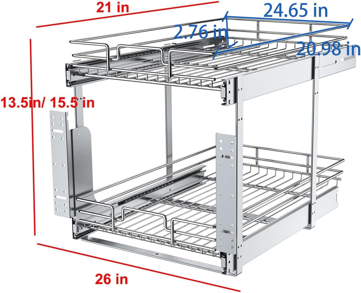 Pull Out Cabinet Organizer, Heavy-Duty Metal Sliding Drawer Shelf for Kitchen Cabinets, Chrome, Doesn't Include Door Fittings (14 * 21 IN)