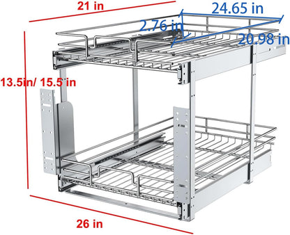 Pull Out Cabinet Organizer, Heavy-Duty Metal Sliding Drawer Shelf for Kitchen Cabinets, Chrome, Doesn't Include Door Fittings (14 * 21 IN)