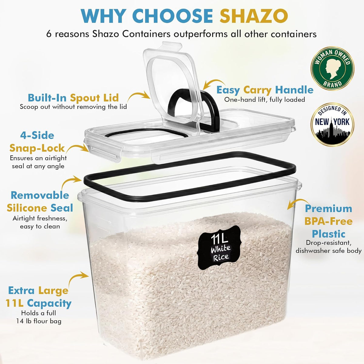 2 PC (11L | 372 oz) Flour Sugar Storage Containers with Spout Lid & Easy Carry Handle - BPA Free Extra Large Airtight Food Storage Containers with Lids - Rice Canisters Sets for Kitchen & Pantry