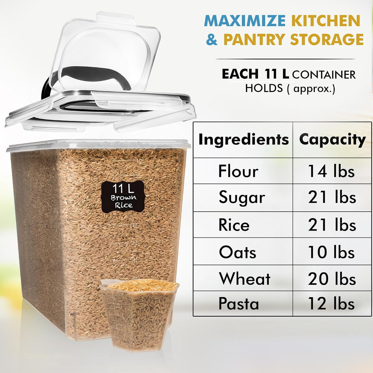 2 PC (11L | 372 oz) Flour Sugar Storage Containers with Spout Lid & Easy Carry Handle - BPA Free Extra Large Airtight Food Storage Containers with Lids - Rice Canisters Sets for Kitchen & Pantry