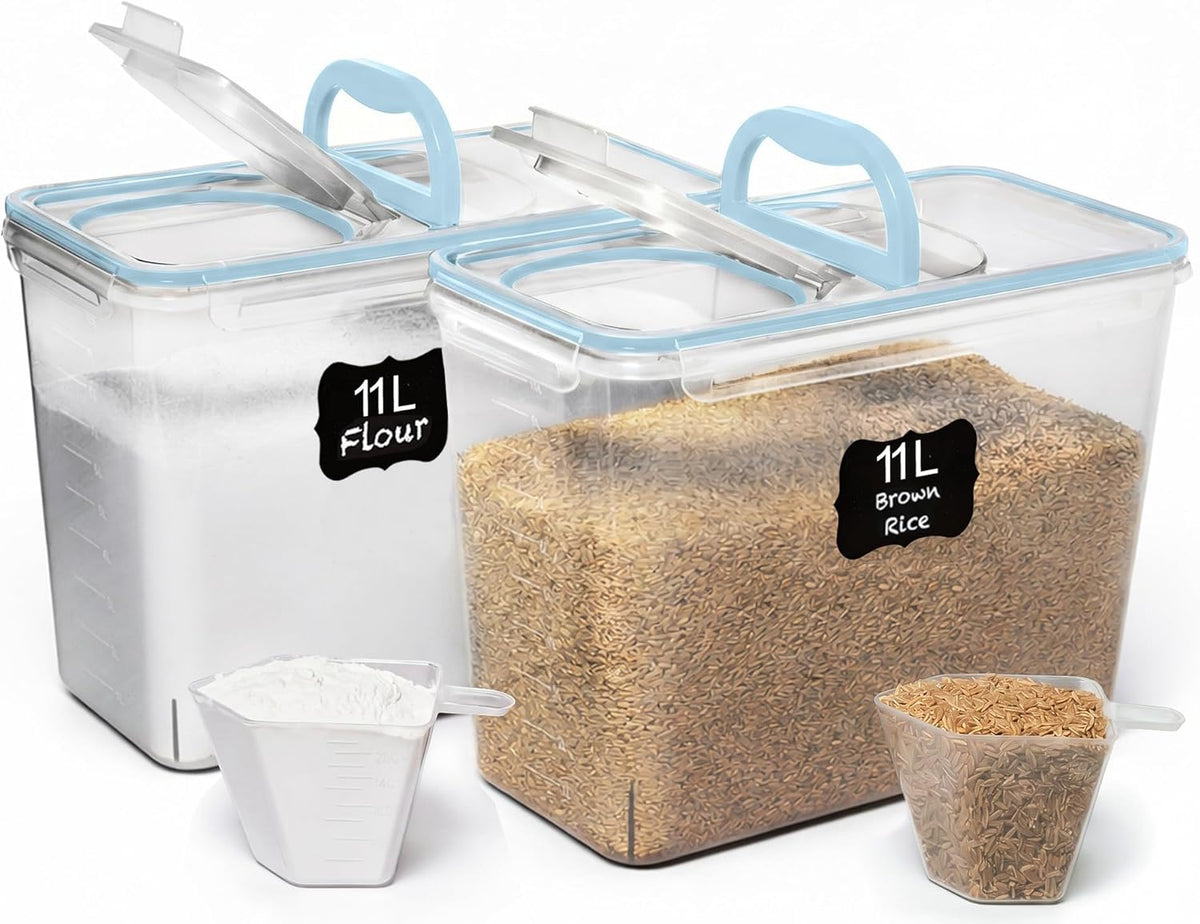 2 PC (11L | 372 oz) Flour Sugar Storage Containers with Spout Lid & Easy Carry Handle - BPA Free Extra Large Airtight Food Storage Containers with Lids - Rice Canisters Sets for Kitchen & Pantry
