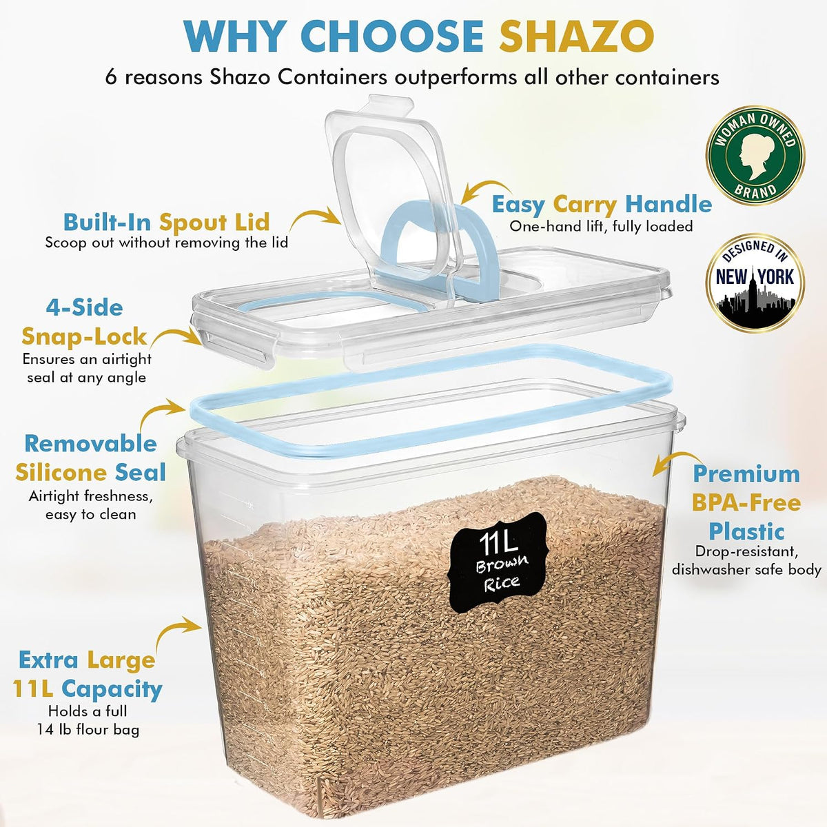 2 PC (11L | 372 oz) Flour Sugar Storage Containers with Spout Lid & Easy Carry Handle - BPA Free Extra Large Airtight Food Storage Containers with Lids - Rice Canisters Sets for Kitchen & Pantry
