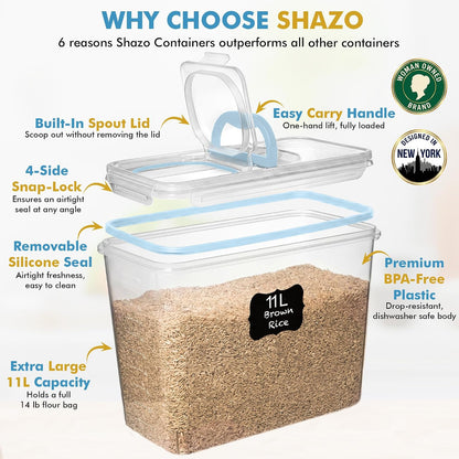 2 PC (11L | 372 oz) Flour Sugar Storage Containers with Spout Lid & Easy Carry Handle - BPA Free Extra Large Airtight Food Storage Containers with Lids - Rice Canisters Sets for Kitchen & Pantry