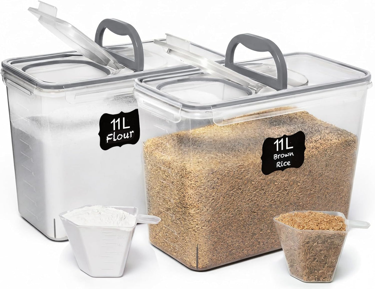 2 PC (11L | 372 oz) Flour Sugar Storage Containers with Spout Lid & Easy Carry Handle - BPA Free Extra Large Airtight Food Storage Containers with Lids - Rice Canisters Sets for Kitchen & Pantry