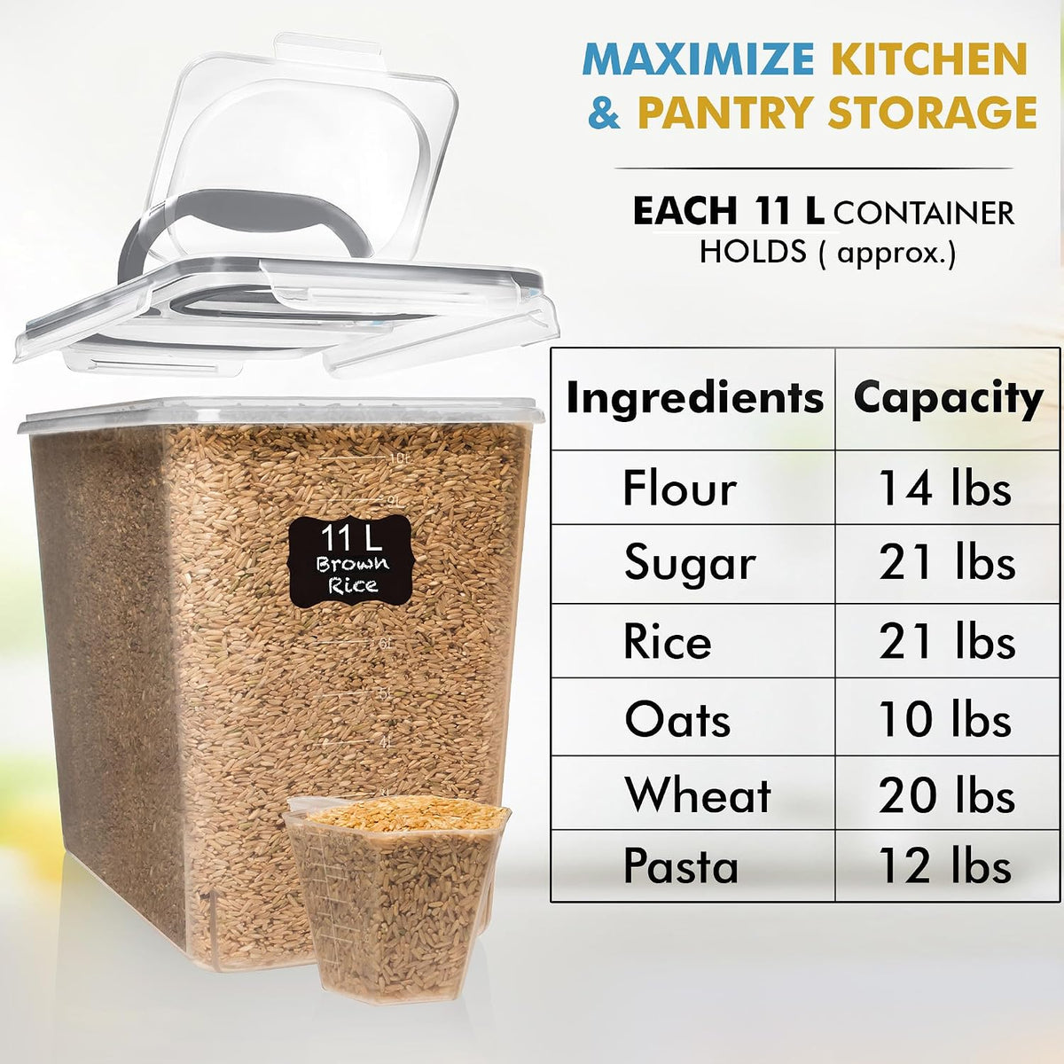 2 PC (11L | 372 oz) Flour Sugar Storage Containers with Spout Lid & Easy Carry Handle - BPA Free Extra Large Airtight Food Storage Containers with Lids - Rice Canisters Sets for Kitchen & Pantry