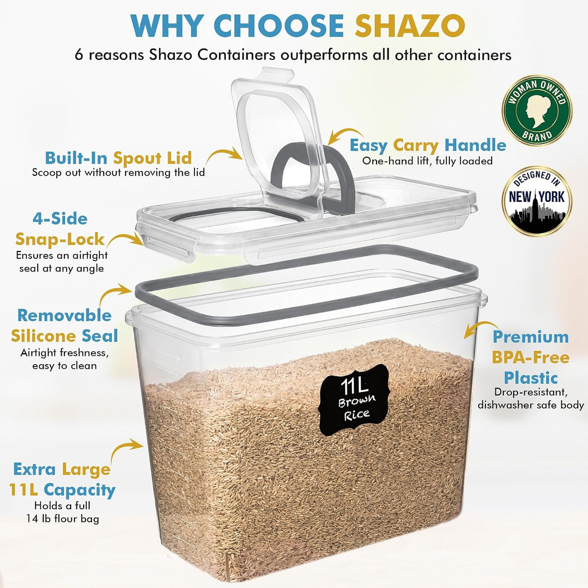 2 PC (11L | 372 oz) Flour Sugar Storage Containers with Spout Lid & Easy Carry Handle - BPA Free Extra Large Airtight Food Storage Containers with Lids - Rice Canisters Sets for Kitchen & Pantry