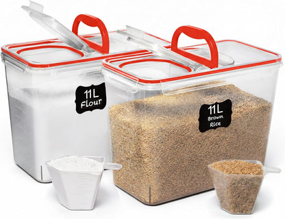 2 PC (11L | 372 oz) Flour Sugar Storage Containers with Spout Lid & Easy Carry Handle - BPA Free Extra Large Airtight Food Storage Containers with Lids - Rice Canisters Sets for Kitchen & Pantry