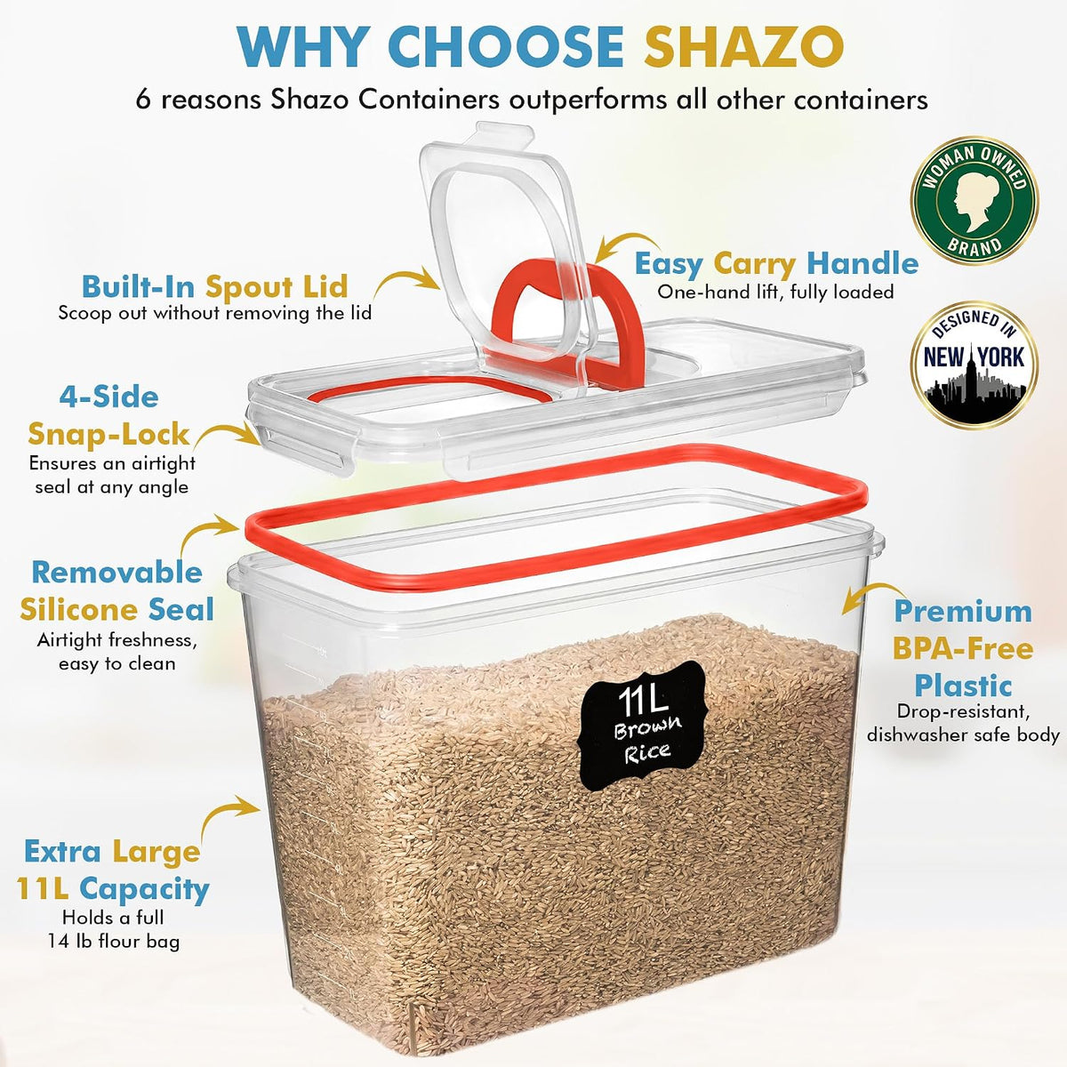 2 PC (11L | 372 oz) Flour Sugar Storage Containers with Spout Lid & Easy Carry Handle - BPA Free Extra Large Airtight Food Storage Containers with Lids - Rice Canisters Sets for Kitchen & Pantry
