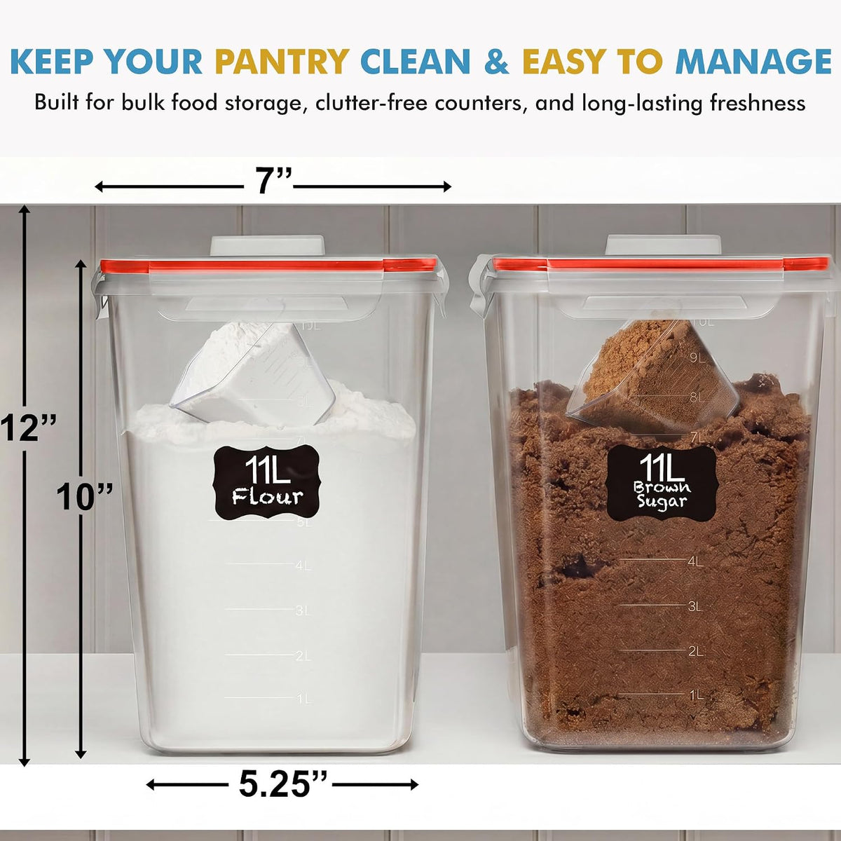 2 PC (11L | 372 oz) Flour Sugar Storage Containers with Spout Lid & Easy Carry Handle - BPA Free Extra Large Airtight Food Storage Containers with Lids - Rice Canisters Sets for Kitchen & Pantry