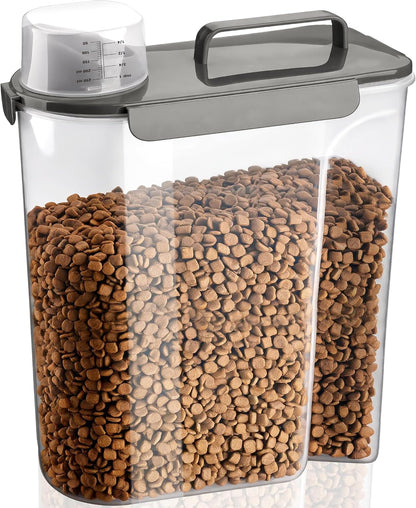 Dog Food Storage Container, 10 Lbs Airtight Pet Food Containers, Cat Food Container Dispenser Bin with Pouring Spout, Portable Handle & Measuring Cup for Dog Treats, Cat Kibble, Bird Feed Grey