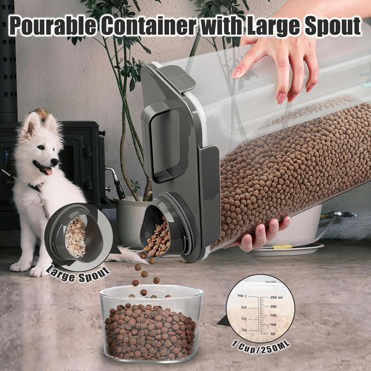 Dog Food Storage Container, 10 Lbs Airtight Pet Food Containers, Cat Food Container Dispenser Bin with Pouring Spout, Portable Handle & Measuring Cup for Dog Treats, Cat Kibble, Bird Feed Grey