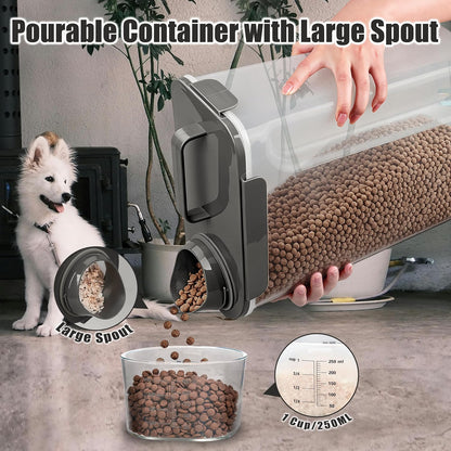Dog Food Storage Container, 10 Lbs Airtight Pet Food Containers, Cat Food Container Dispenser Bin with Pouring Spout, Portable Handle & Measuring Cup for Dog Treats, Cat Kibble, Bird Feed Grey