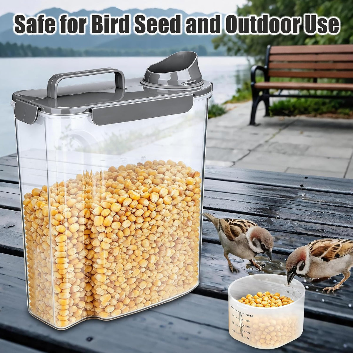 Dog Food Storage Container, 10 Lbs Airtight Pet Food Containers, Cat Food Container Dispenser Bin with Pouring Spout, Portable Handle & Measuring Cup for Dog Treats, Cat Kibble, Bird Feed Grey