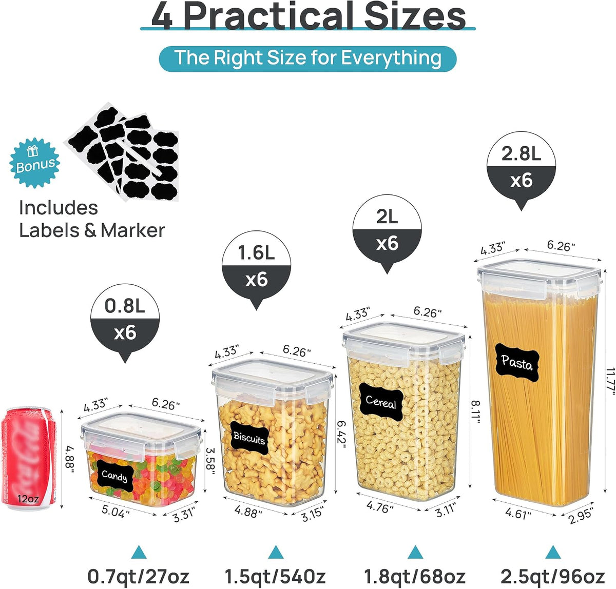 Airtight Food Storage Containers with Lids, 24 pcs, Black