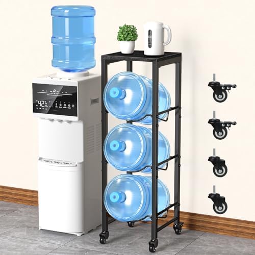5 Gallon Water Jug Holder,3 Tier Foldable Heavy Duty Water Jug Stand Water Bottle Holder Organizer with Lockable Casters Water Dispenser Stand Rack with Removable Wood Top Shelf for 6 Bottles，Brown