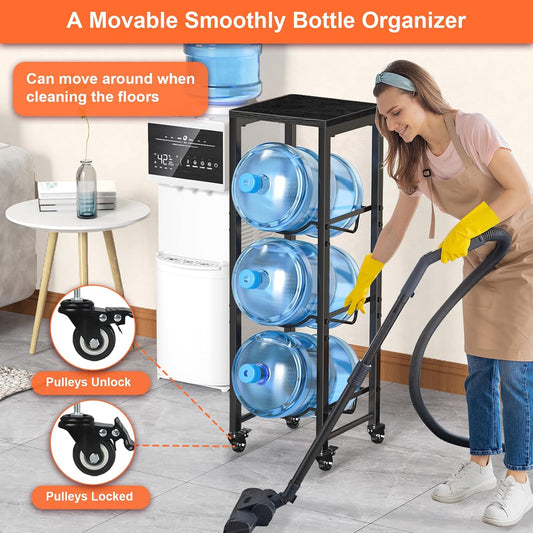 5 Gallon Water Jug Holder,3 Tier Foldable Heavy Duty Water Jug Stand Water Bottle Holder Organizer with Lockable Casters Water Dispenser Stand Rack with Removable Wood Top Shelf for 6 Bottles，Brown