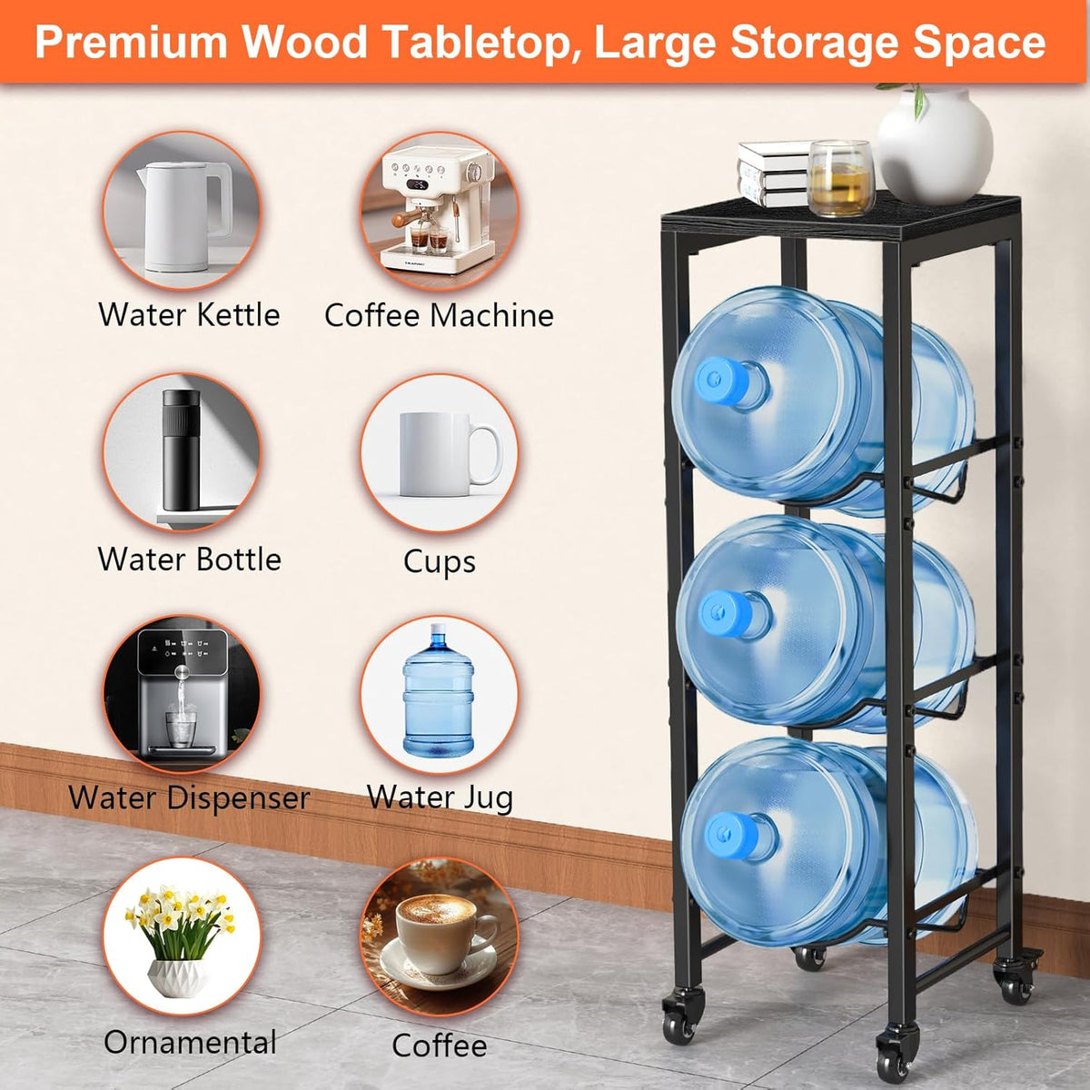 5 Gallon Water Jug Holder,3 Tier Foldable Heavy Duty Water Jug Stand Water Bottle Holder Organizer with Lockable Casters Water Dispenser Stand Rack with Removable Wood Top Shelf for 6 Bottles，Brown