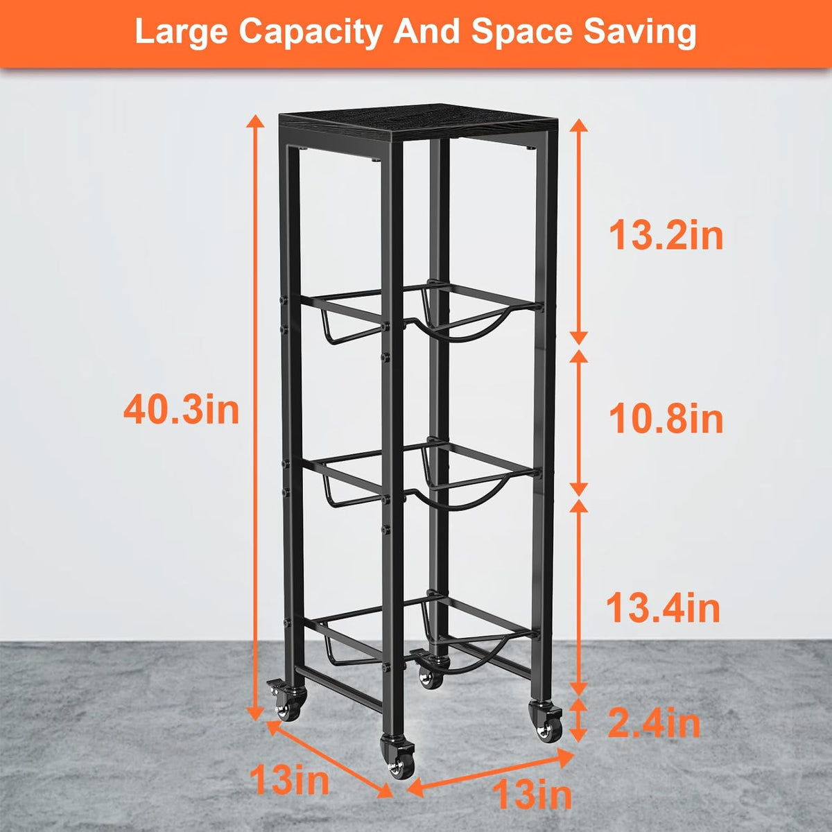 5 Gallon Water Jug Holder,3 Tier Foldable Heavy Duty Water Jug Stand Water Bottle Holder Organizer with Lockable Casters Water Dispenser Stand Rack with Removable Wood Top Shelf for 6 Bottles，Brown