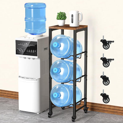 5 Gallon Water Jug Holder,3 Tier Foldable Heavy Duty Water Jug Stand Water Bottle Holder Organizer with Lockable Casters Water Dispenser Stand Rack with Removable Wood Top Shelf for 6 Bottles，Brown