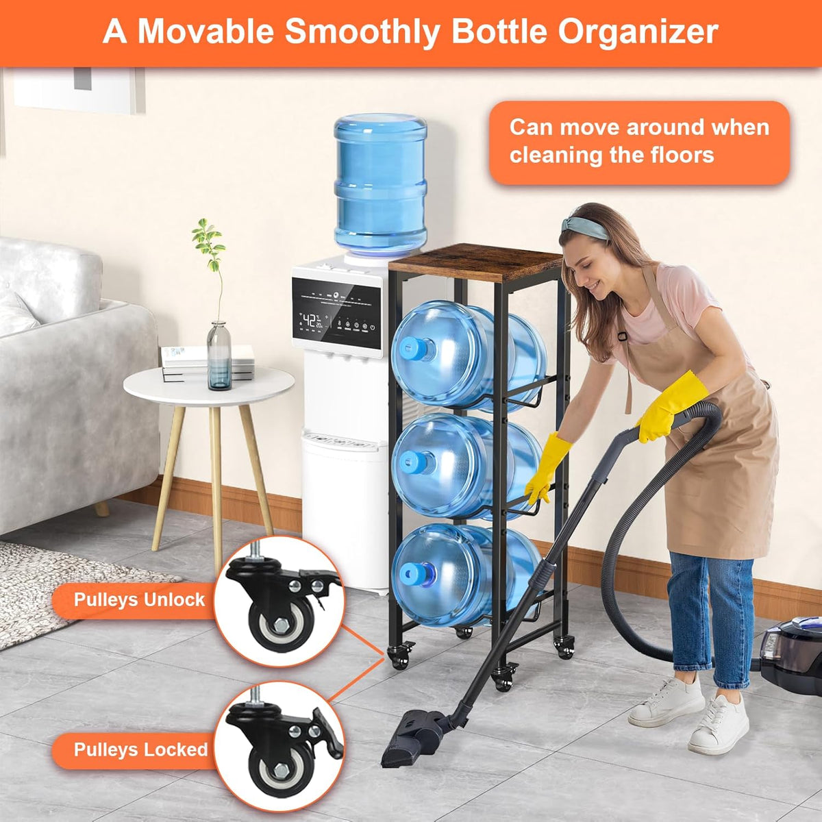 5 Gallon Water Jug Holder,3 Tier Foldable Heavy Duty Water Jug Stand Water Bottle Holder Organizer with Lockable Casters Water Dispenser Stand Rack with Removable Wood Top Shelf for 6 Bottles，Brown