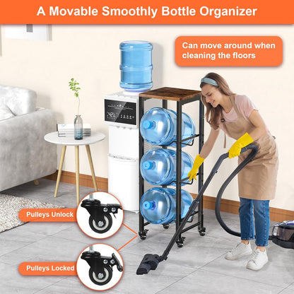 5 Gallon Water Jug Holder,3 Tier Foldable Heavy Duty Water Jug Stand Water Bottle Holder Organizer with Lockable Casters Water Dispenser Stand Rack with Removable Wood Top Shelf for 6 Bottles，Brown