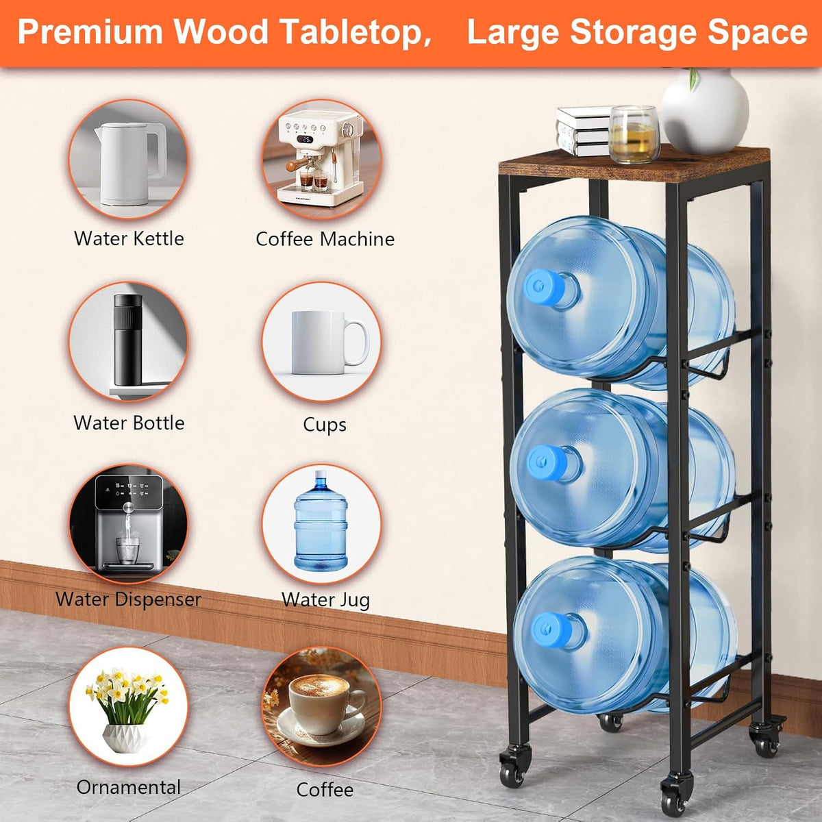5 Gallon Water Jug Holder,3 Tier Foldable Heavy Duty Water Jug Stand Water Bottle Holder Organizer with Lockable Casters Water Dispenser Stand Rack with Removable Wood Top Shelf for 6 Bottles，Brown