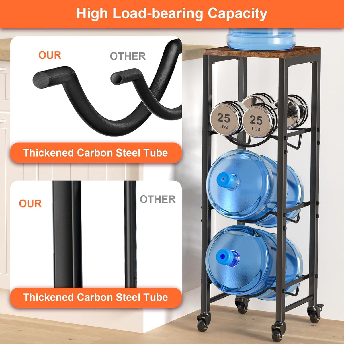 5 Gallon Water Jug Holder,3 Tier Foldable Heavy Duty Water Jug Stand Water Bottle Holder Organizer with Lockable Casters Water Dispenser Stand Rack with Removable Wood Top Shelf for 6 Bottles，Brown