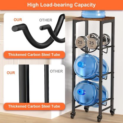 5 Gallon Water Jug Holder,3 Tier Foldable Heavy Duty Water Jug Stand Water Bottle Holder Organizer with Lockable Casters Water Dispenser Stand Rack with Removable Wood Top Shelf for 6 Bottles，Brown