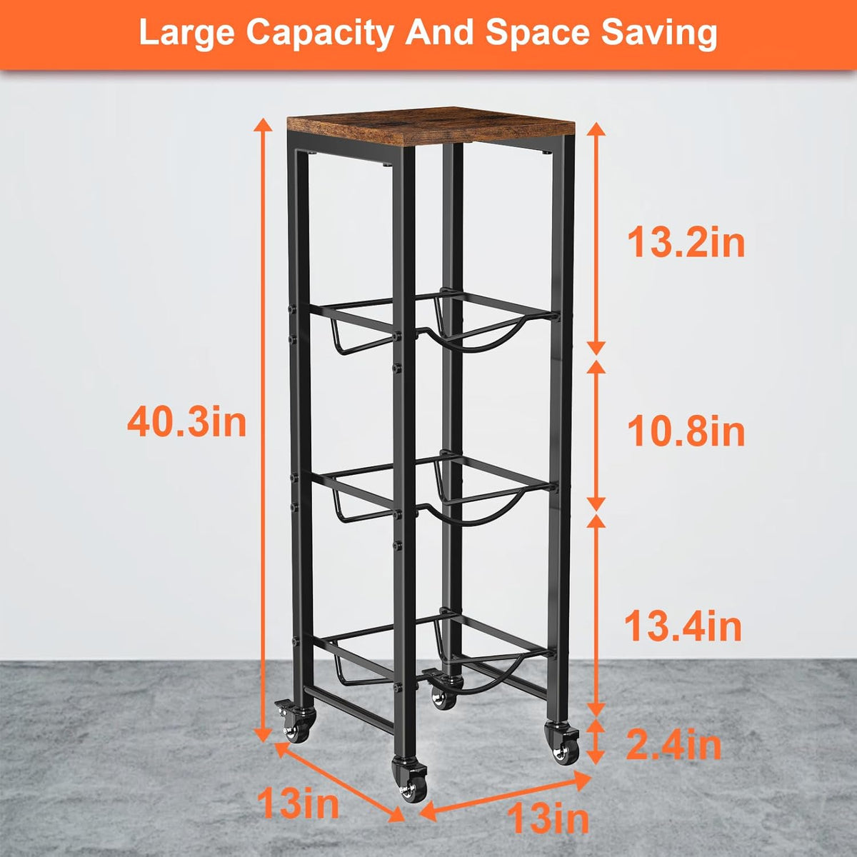 5 Gallon Water Jug Holder,3 Tier Foldable Heavy Duty Water Jug Stand Water Bottle Holder Organizer with Lockable Casters Water Dispenser Stand Rack with Removable Wood Top Shelf for 6 Bottles，Brown