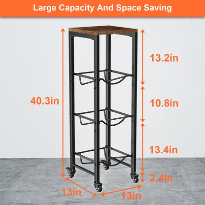 5 Gallon Water Jug Holder,3 Tier Foldable Heavy Duty Water Jug Stand Water Bottle Holder Organizer with Lockable Casters Water Dispenser Stand Rack with Removable Wood Top Shelf for 6 Bottles，Brown