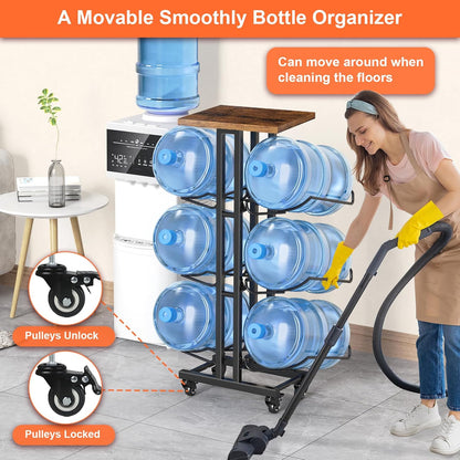 5 Gallon Water Jug Holder,3 Tier Foldable Heavy Duty Water Jug Stand Water Bottle Holder Organizer with Lockable Casters Water Dispenser Stand Rack with Removable Wood Top Shelf for 6 Bottles，Brown