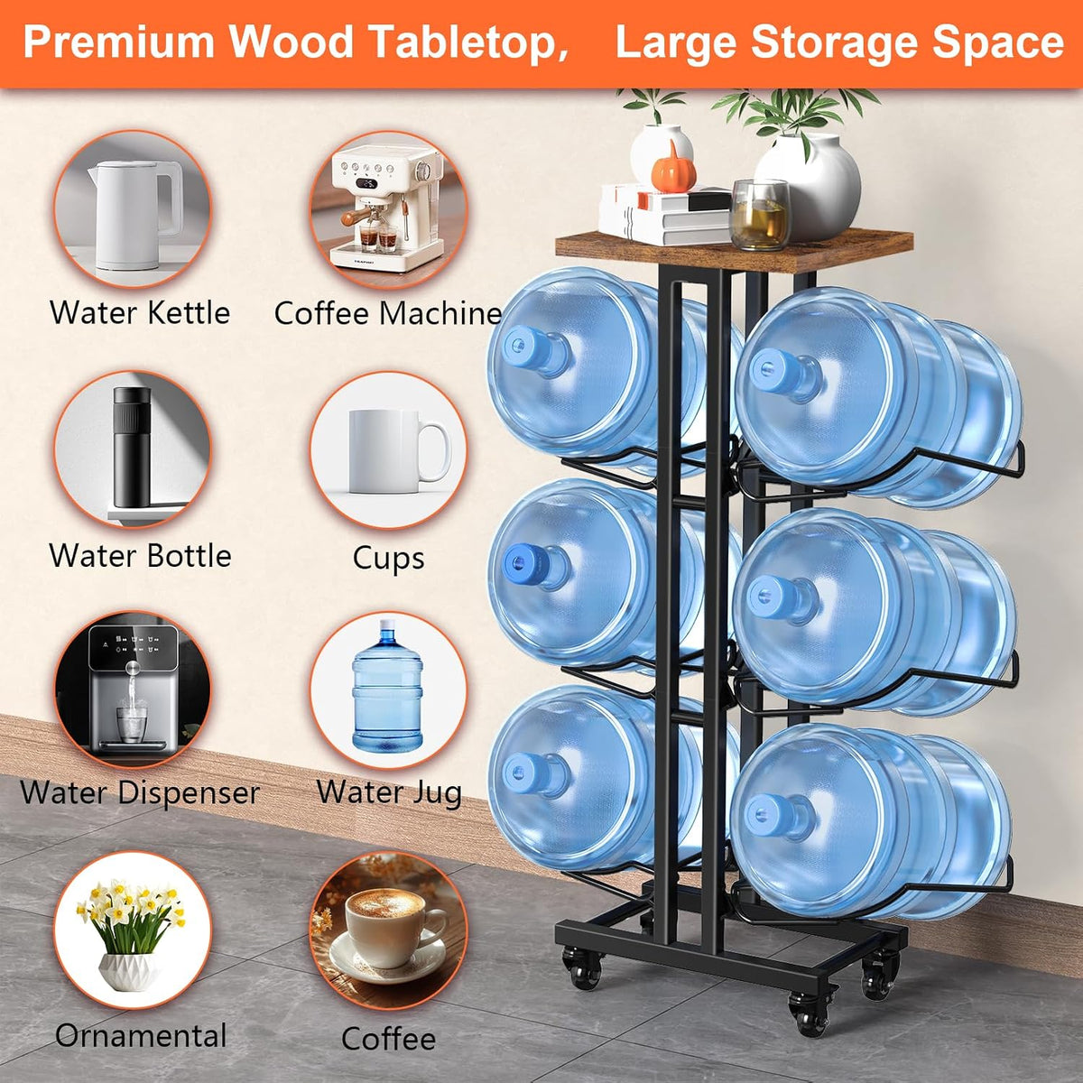 5 Gallon Water Jug Holder,3 Tier Foldable Heavy Duty Water Jug Stand Water Bottle Holder Organizer with Lockable Casters Water Dispenser Stand Rack with Removable Wood Top Shelf for 6 Bottles，Brown