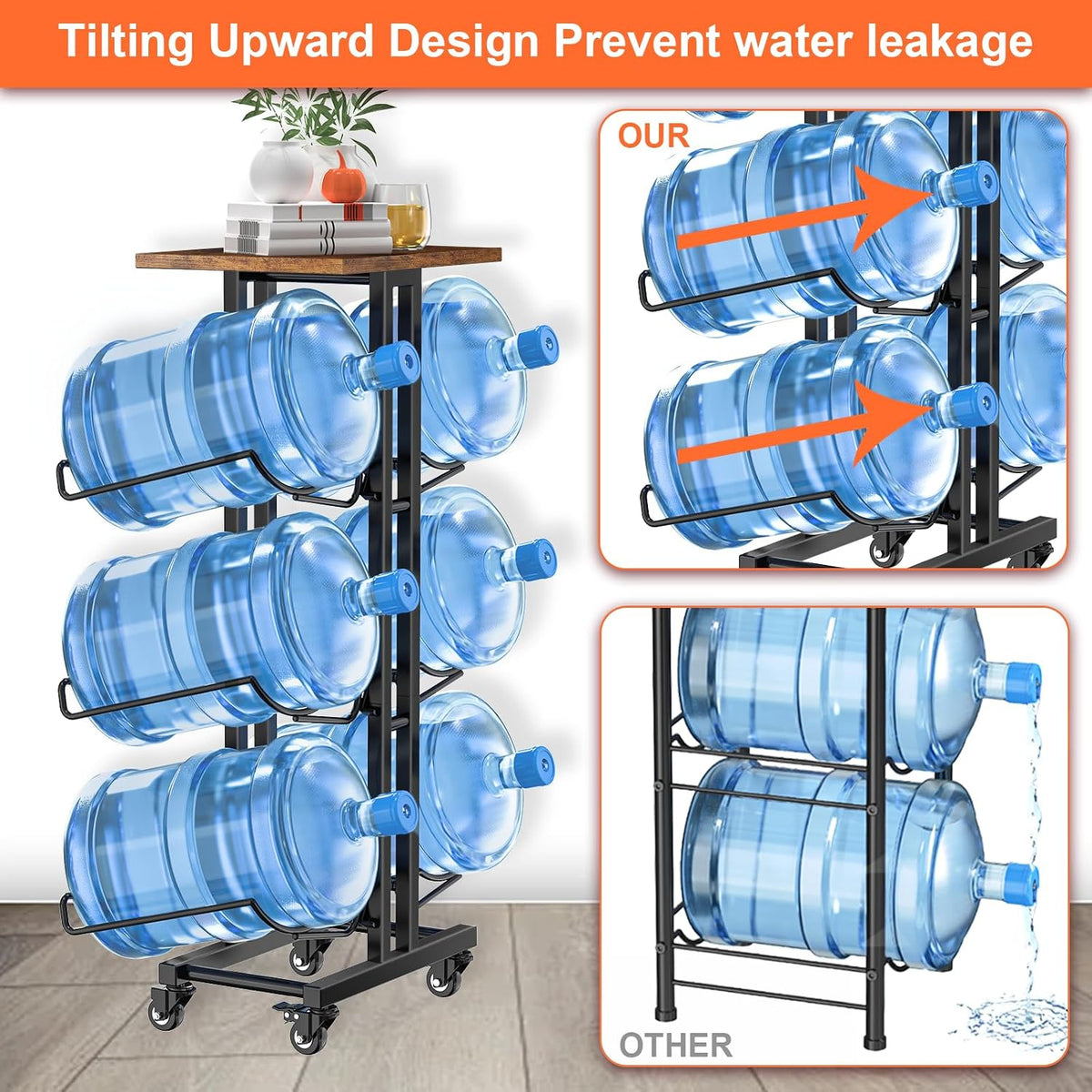 5 Gallon Water Jug Holder,3 Tier Foldable Heavy Duty Water Jug Stand Water Bottle Holder Organizer with Lockable Casters Water Dispenser Stand Rack with Removable Wood Top Shelf for 6 Bottles，Brown