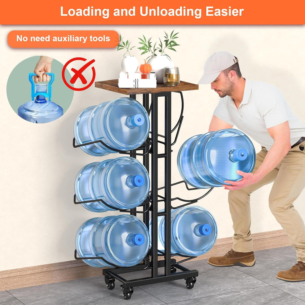 5 Gallon Water Jug Holder,3 Tier Foldable Heavy Duty Water Jug Stand Water Bottle Holder Organizer with Lockable Casters Water Dispenser Stand Rack with Removable Wood Top Shelf for 6 Bottles，Brown