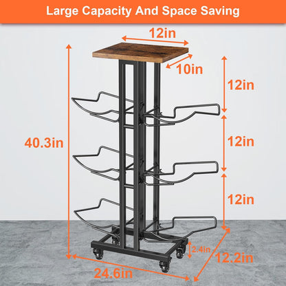 5 Gallon Water Jug Holder,3 Tier Foldable Heavy Duty Water Jug Stand Water Bottle Holder Organizer with Lockable Casters Water Dispenser Stand Rack with Removable Wood Top Shelf for 6 Bottles，Brown