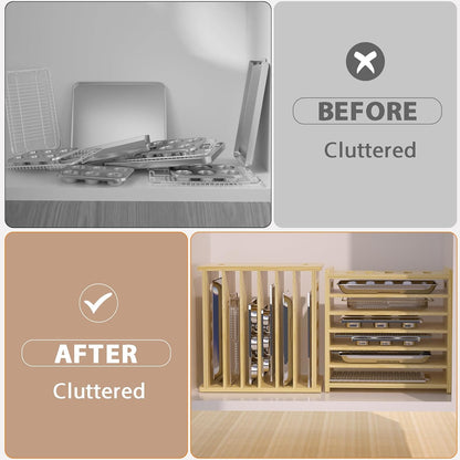 7 Tier Wooden Tray Dividers for Cabinets | Baking Cookie Sheet Organizer, Vertical/Horizontal Cabinet Dividers for Pots, Cutting Board, Kitchen Organizers and Storage