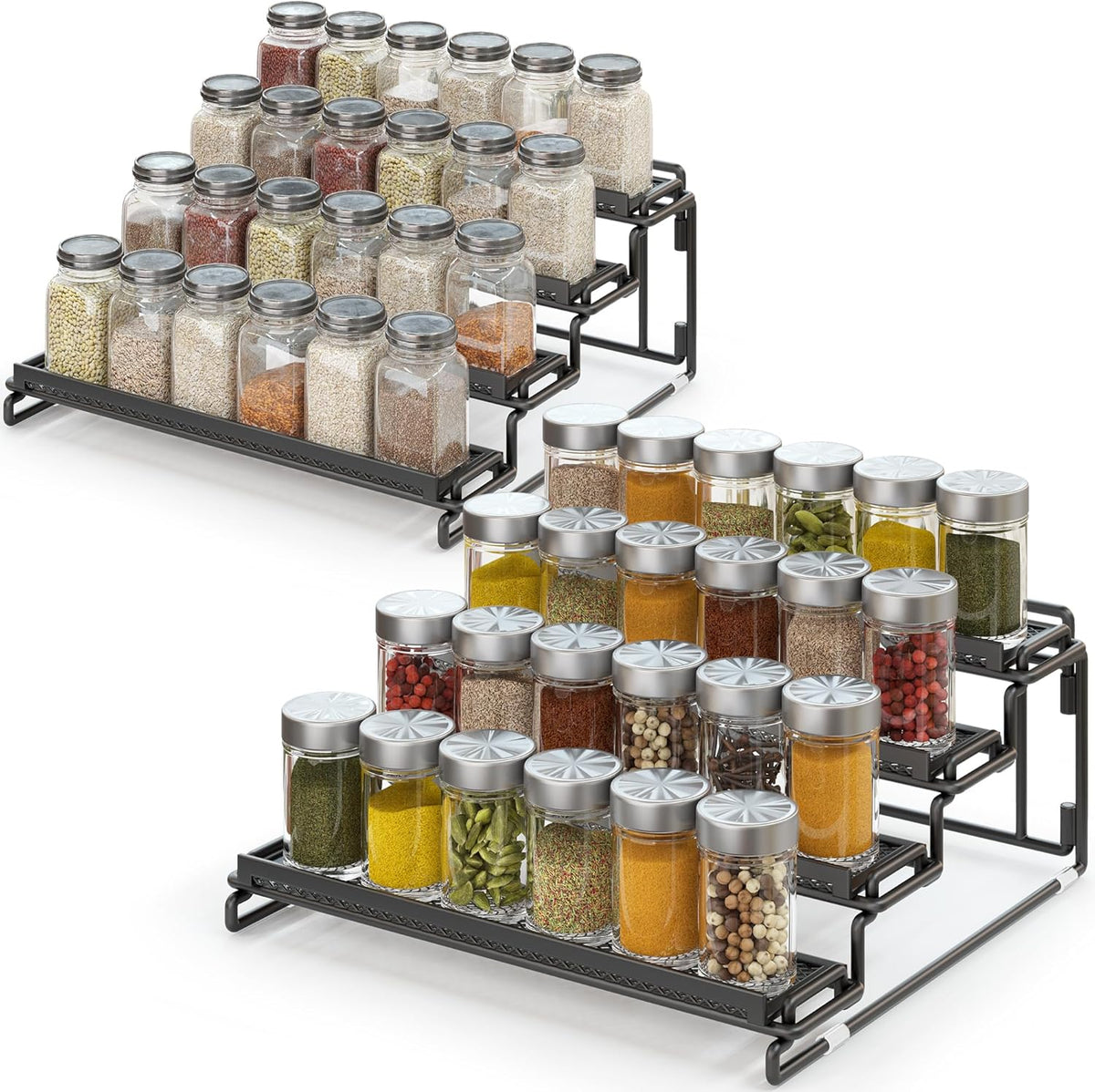 2 Pack Spice Rack Organizer for Cabinet, 4 Tier Black (S&L) Seasoning Organizer Rack for Inside Cabinets, Countertop, Pantry Storage